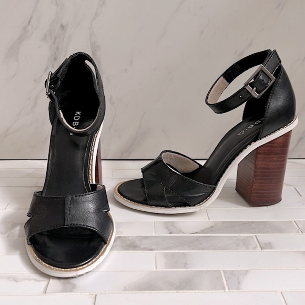 Kelsi Dagger Brooklyn Black Leather Wooden Heel Sandals Size 6